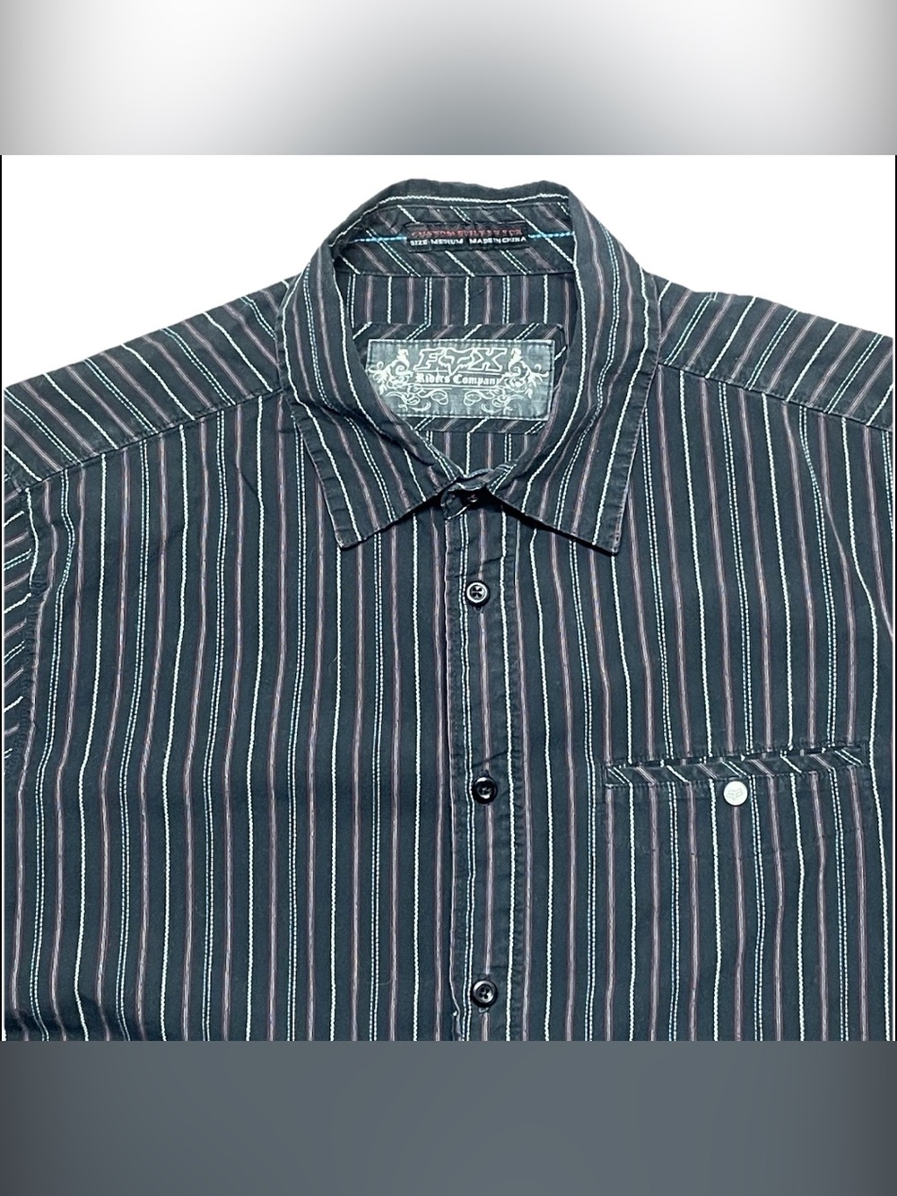 Vintage Fox Racing Western Shirt Short Sleeve Mens Medium Black Striped Cotton